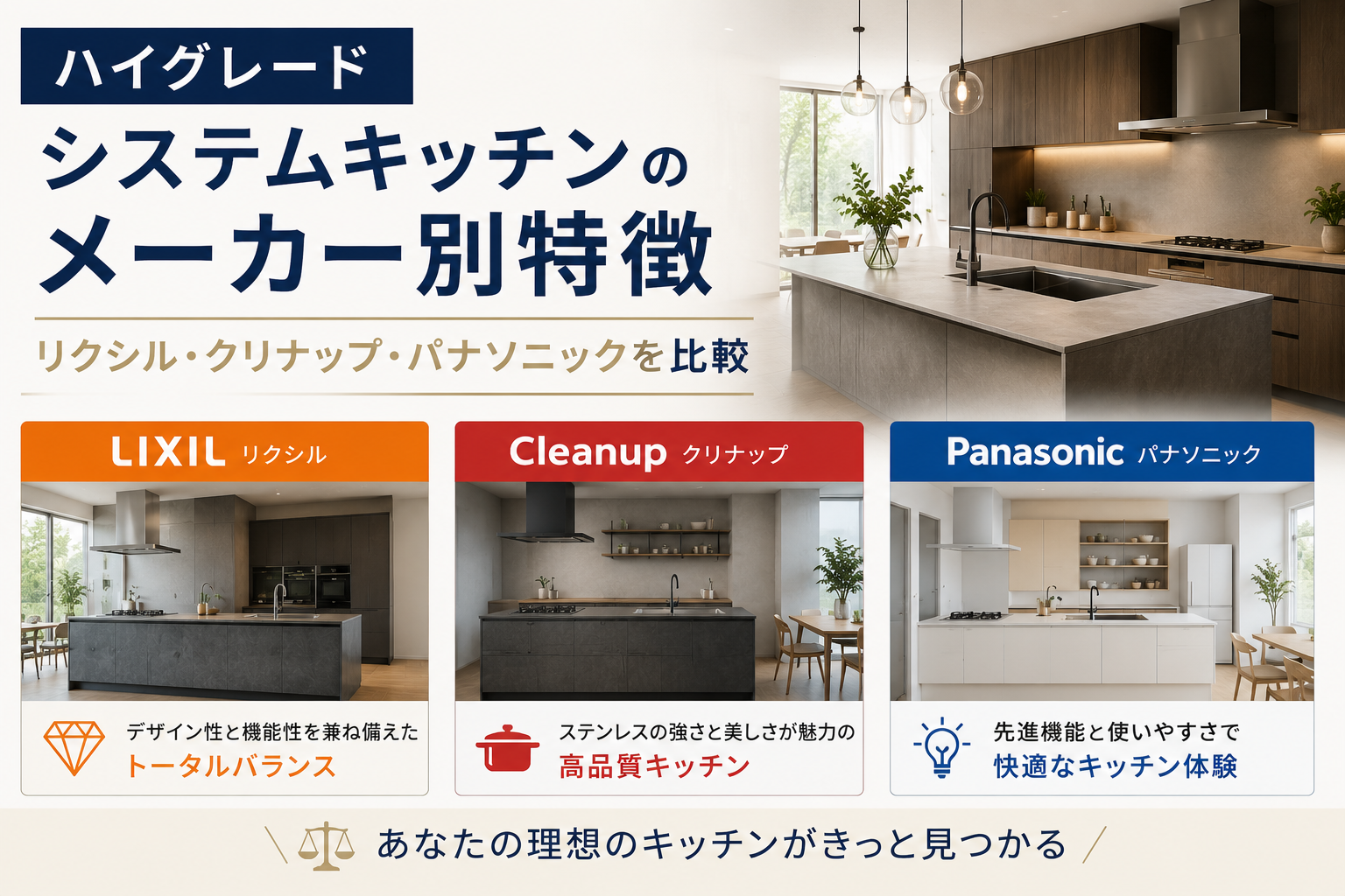 ハイグレードシステムキッチンのメーカー別特徴｜リクシル・クリナップ・パナソニックを比較