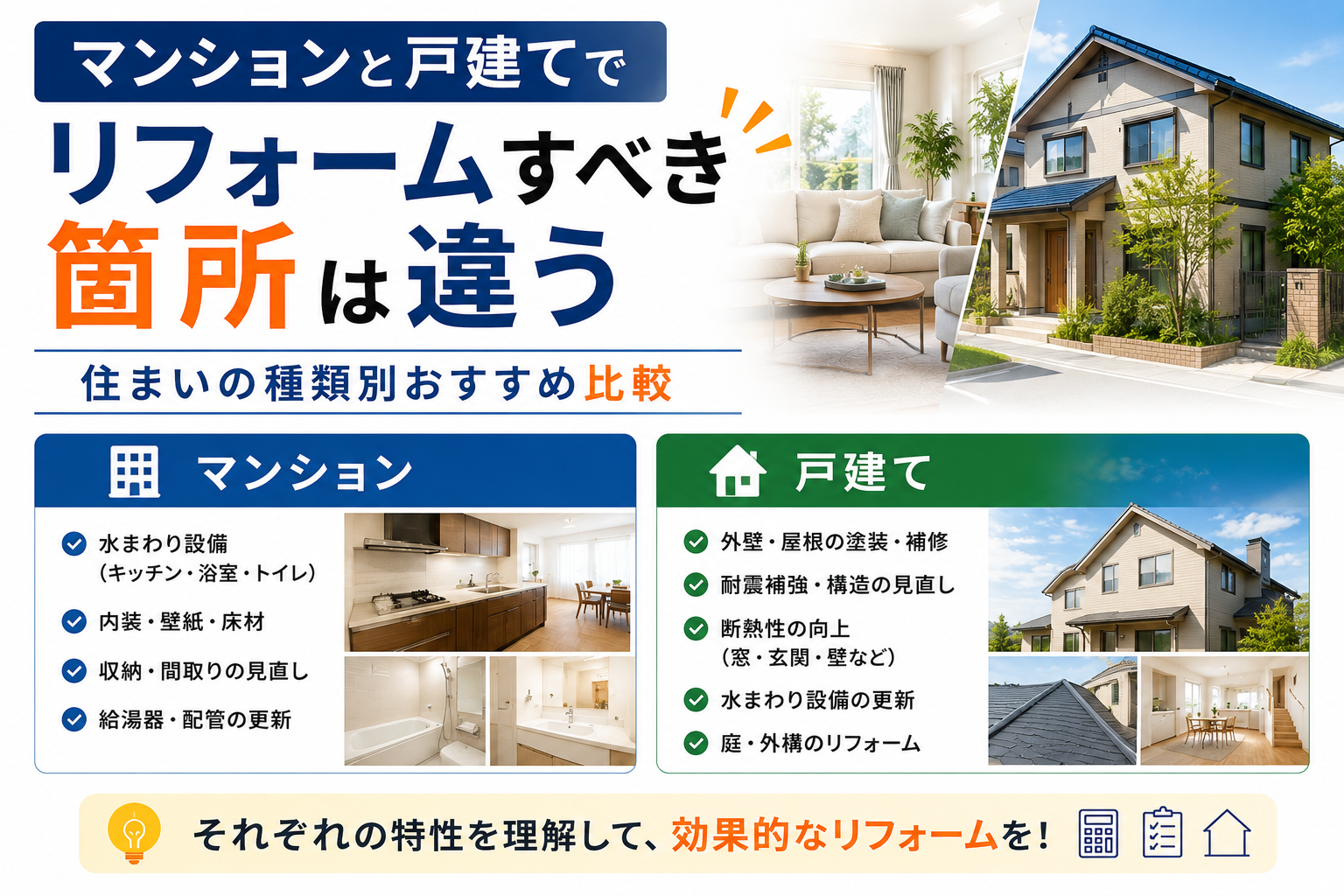 マンションと戸建てでリフォームすべき箇所は違う｜住まいの種類別おすすめ比較