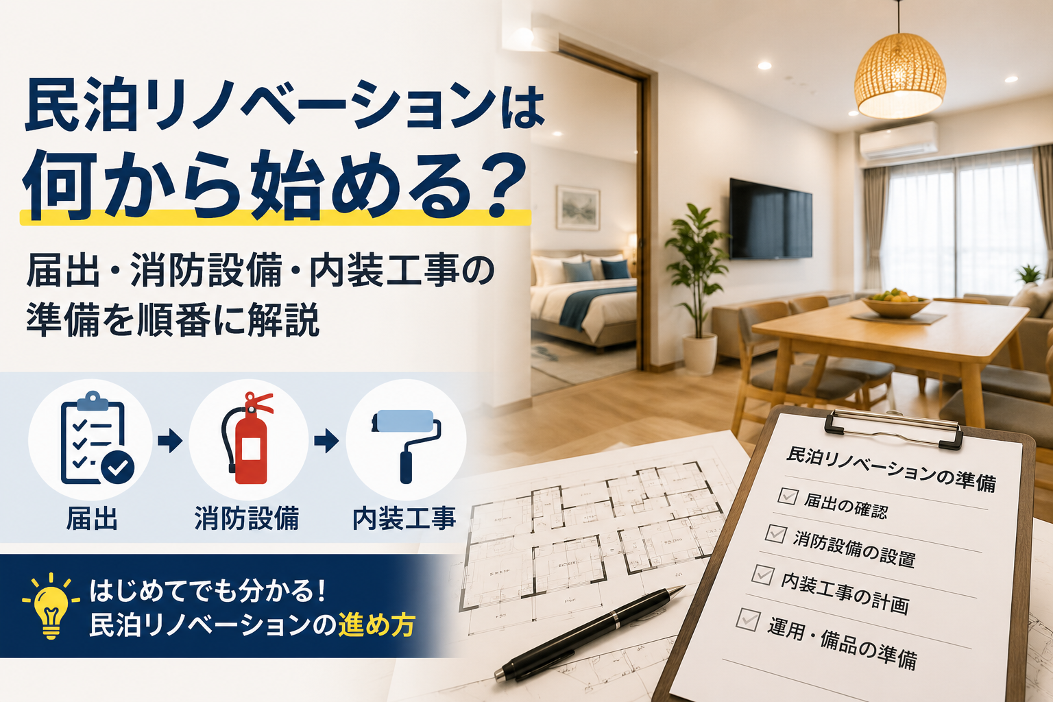 民泊リノベーションは何から始める？届出・消防設備・内装工事の準備を順番に解説